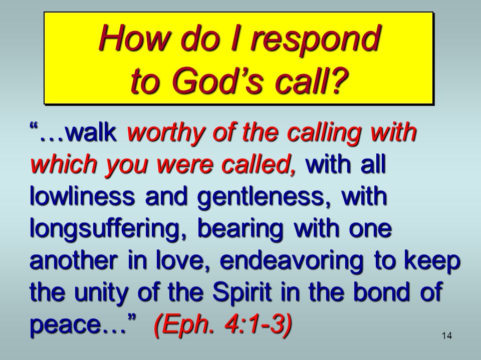 14 …walk worthy of the calling with which you were called, with all lowliness and gentleness, with longsuffering, bearing with one another in love, endeavoring to keep the unity of the Spirit in the bond of peace… (Eph.
