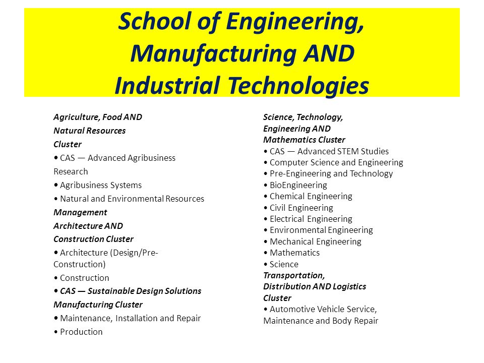School of Engineering, Manufacturing AND Industrial Technologies Agriculture, Food AND Natural Resources Cluster CAS — Advanced Agribusiness Research Agribusiness Systems Natural and Environmental Resources Management Architecture AND Construction Cluster Architecture (Design/Pre- Construction) Construction CAS — Sustainable Design Solutions Manufacturing Cluster Maintenance, Installation and Repair Production Science, Technology, Engineering AND Mathematics Cluster CAS — Advanced STEM Studies Computer Science and Engineering Pre-Engineering and Technology BioEngineering Chemical Engineering Civil Engineering Electrical Engineering Environmental Engineering Mechanical Engineering Mathematics Science Transportation, Distribution AND Logistics Cluster Automotive Vehicle Service, Maintenance and Body Repair