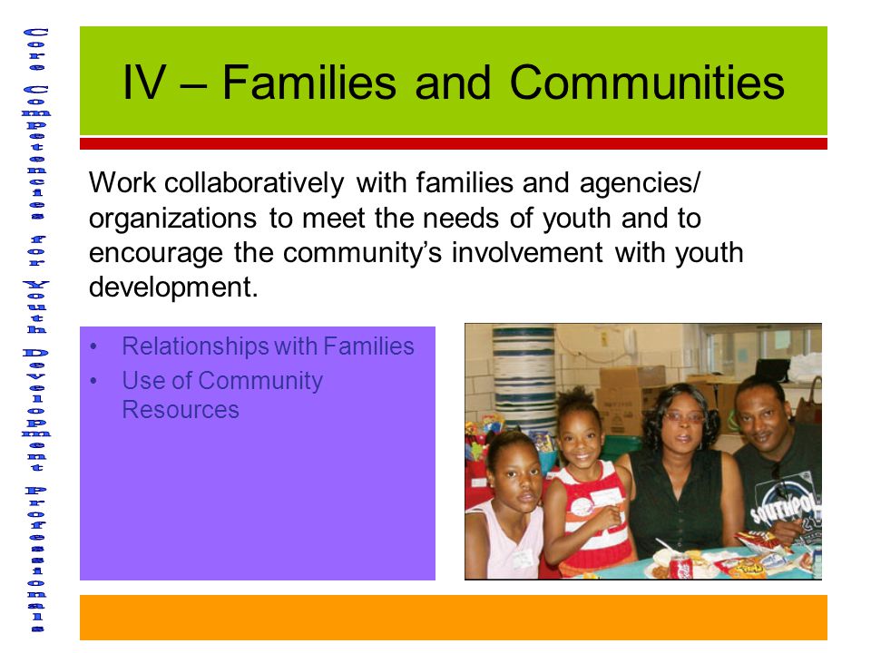 IV – Families and Communities Relationships with Families Use of Community Resources Work collaboratively with families and agencies/ organizations to meet the needs of youth and to encourage the community’s involvement with youth development.
