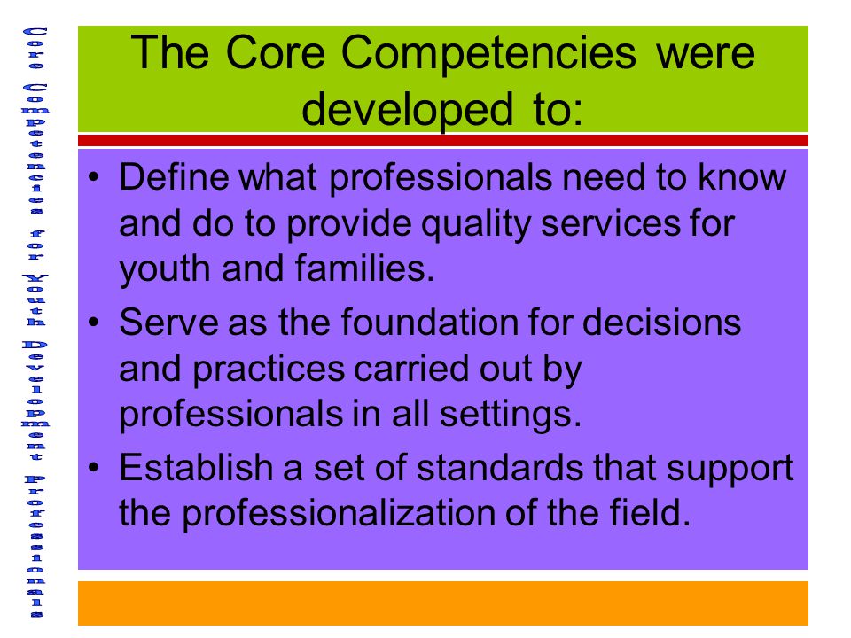 The Core Competencies were developed to: Define what professionals need to know and do to provide quality services for youth and families.