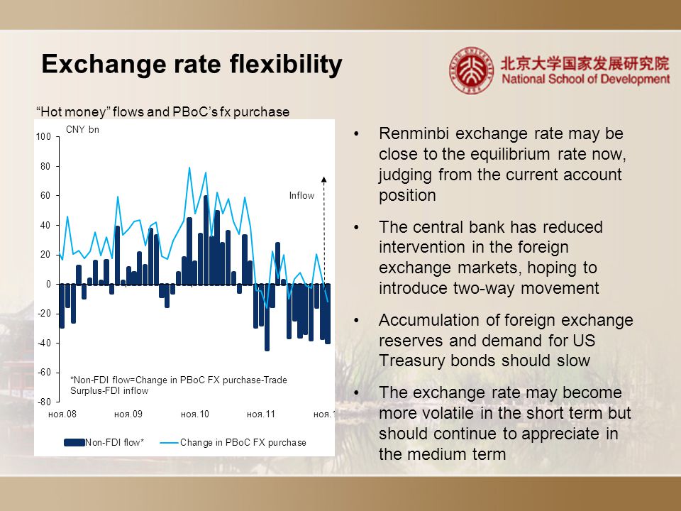 Exchange rate flexibility Renminbi exchange rate may be close to the equilibrium rate now, judging from the current account position The central bank has reduced intervention in the foreign exchange markets, hoping to introduce two-way movement Accumulation of foreign exchange reserves and demand for US Treasury bonds should slow The exchange rate may become more volatile in the short term but should continue to appreciate in the medium term Hot money flows and PBoC’s fx purchase