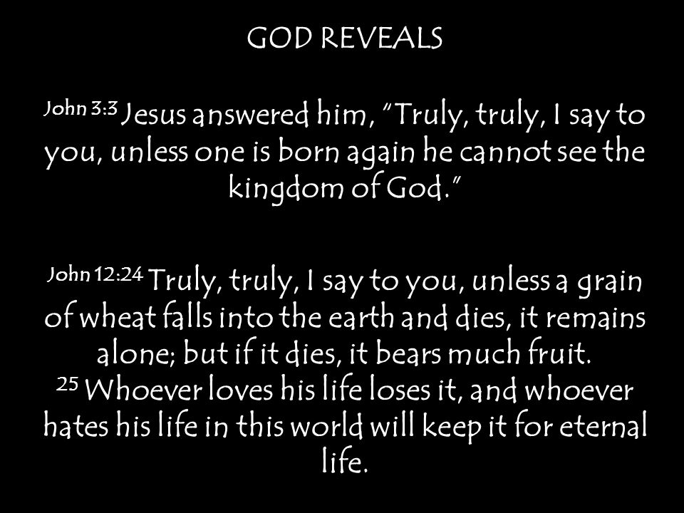 GOD REVEALS John 3:3 Jesus answered him, Truly, truly, I say to you, unless one is born again he cannot see the kingdom of God. John 12:24 Truly, truly, I say to you, unless a grain of wheat falls into the earth and dies, it remains alone; but if it dies, it bears much fruit.
