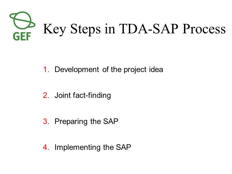 Key Steps in TDA-SAP Process 1.Development of the project idea 2.Joint fact-finding 3.Preparing the SAP 4.Implementing the SAP