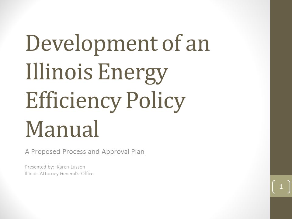 Development of an Illinois Energy Efficiency Policy Manual A Proposed Process and Approval Plan Presented by: Karen Lusson Illinois Attorney General’s Office 1