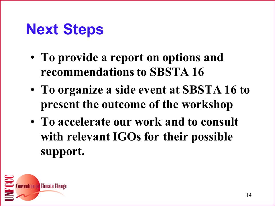 14 Next Steps To provide a report on options and recommendations to SBSTA 16 To organize a side event at SBSTA 16 to present the outcome of the workshop To accelerate our work and to consult with relevant IGOs for their possible support.