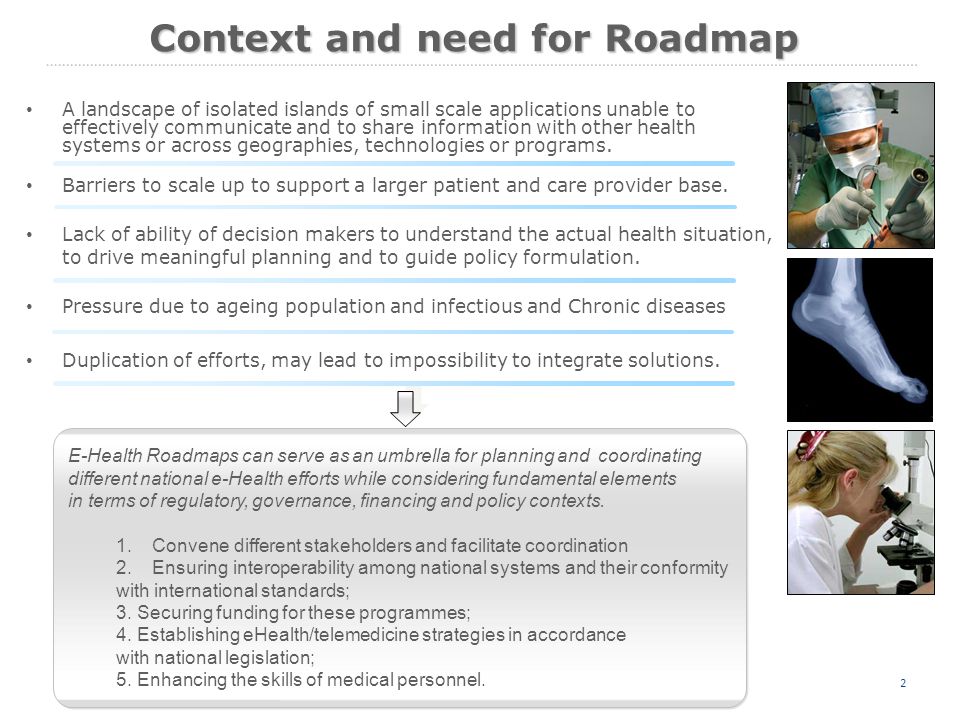 2 Context and need for Roadmap A landscape of isolated islands of small scale applications unable to effectively communicate and to share information with other health systems or across geographies, technologies or programs.