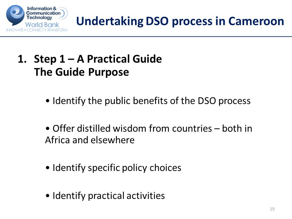 Undertaking DSO process in Cameroon 1.Step 1 – A Practical Guide The Guide Purpose Identify the public benefits of the DSO process Offer distilled wisdom from countries – both in Africa and elsewhere Identify specific policy choices Identify practical activities 19