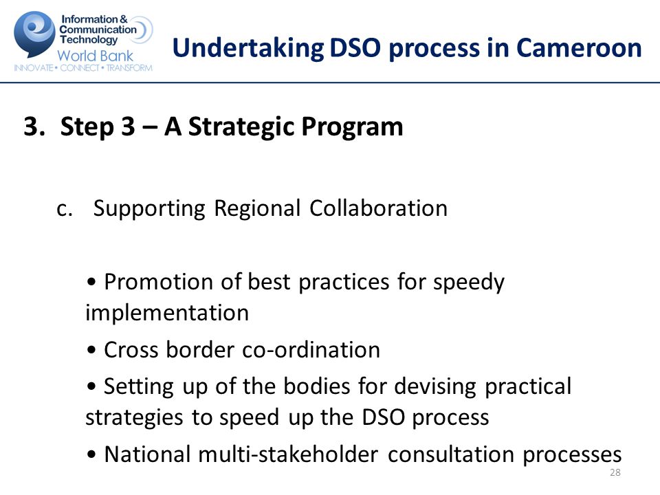 Undertaking DSO process in Cameroon 3.Step 3 – A Strategic Program c.Supporting Regional Collaboration Promotion of best practices for speedy implementation Cross border co-ordination Setting up of the bodies for devising practical strategies to speed up the DSO process National multi-stakeholder consultation processes 28
