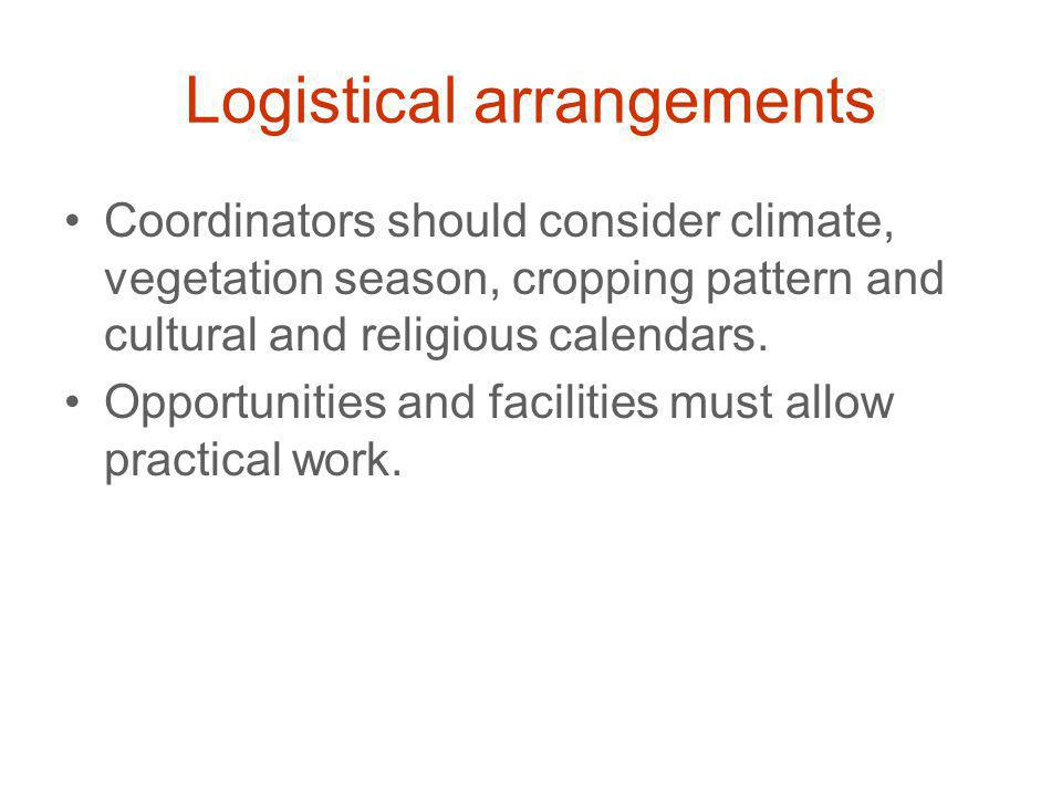 Logistical arrangements Coordinators should consider climate, vegetation season, cropping pattern and cultural and religious calendars.