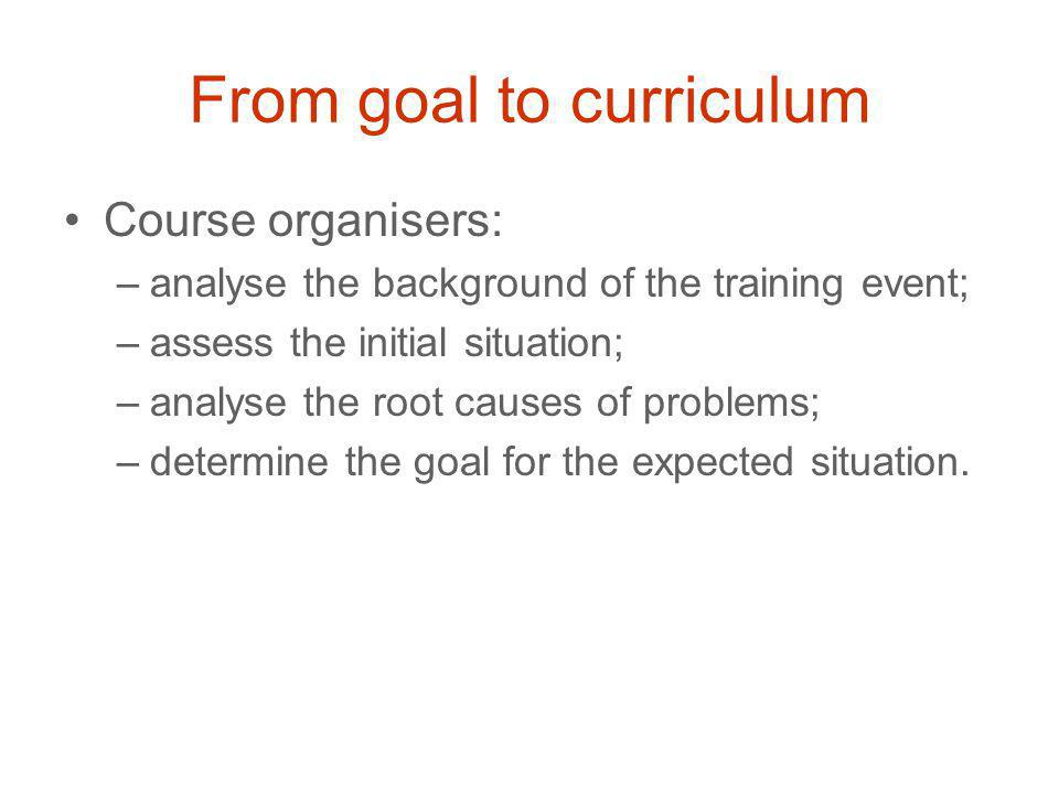 From goal to curriculum Course organisers: –analyse the background of the training event; –assess the initial situation; –analyse the root causes of problems; –determine the goal for the expected situation.