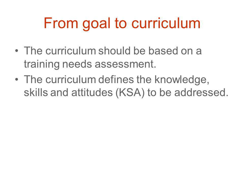 From goal to curriculum The curriculum should be based on a training needs assessment.