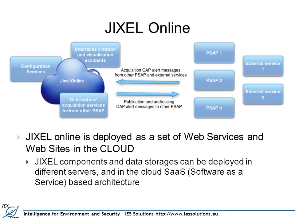 Intelligence for Environment and Security – IES Solutions   JIXEL Online  JIXEL online is deployed as a set of Web Services and Web Sites in the CLOUD  JIXEL components and data storages can be deployed in different servers, and in the cloud SaaS (Software as a Service) based architecture
