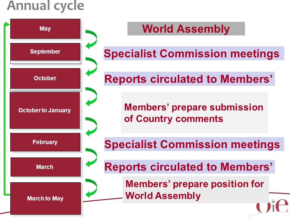 May September February March Reports circulated to Members’ March to May October October to January Members’ prepare submission of Country comments Members’ prepare position for World Assembly Specialist Commission meetings World Assembly Specialist Commission meetings Reports circulated to Members’ Annual cycle