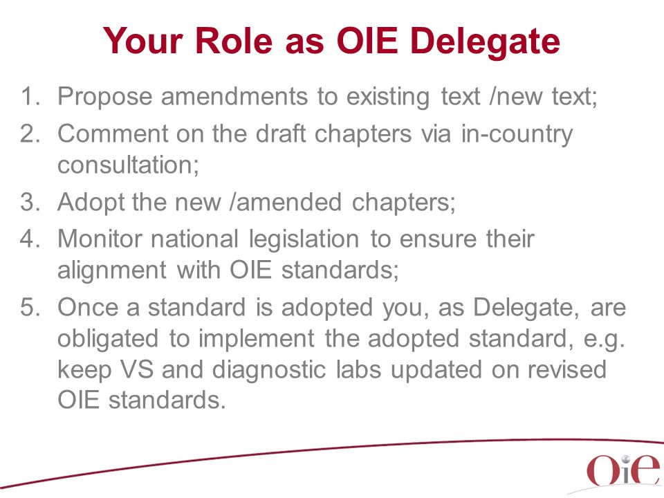 Your Role as OIE Delegate 1.Propose amendments to existing text /new text; 2.Comment on the draft chapters via in-country consultation; 3.Adopt the new /amended chapters; 4.Monitor national legislation to ensure their alignment with OIE standards; 5.Once a standard is adopted you, as Delegate, are obligated to implement the adopted standard, e.g.