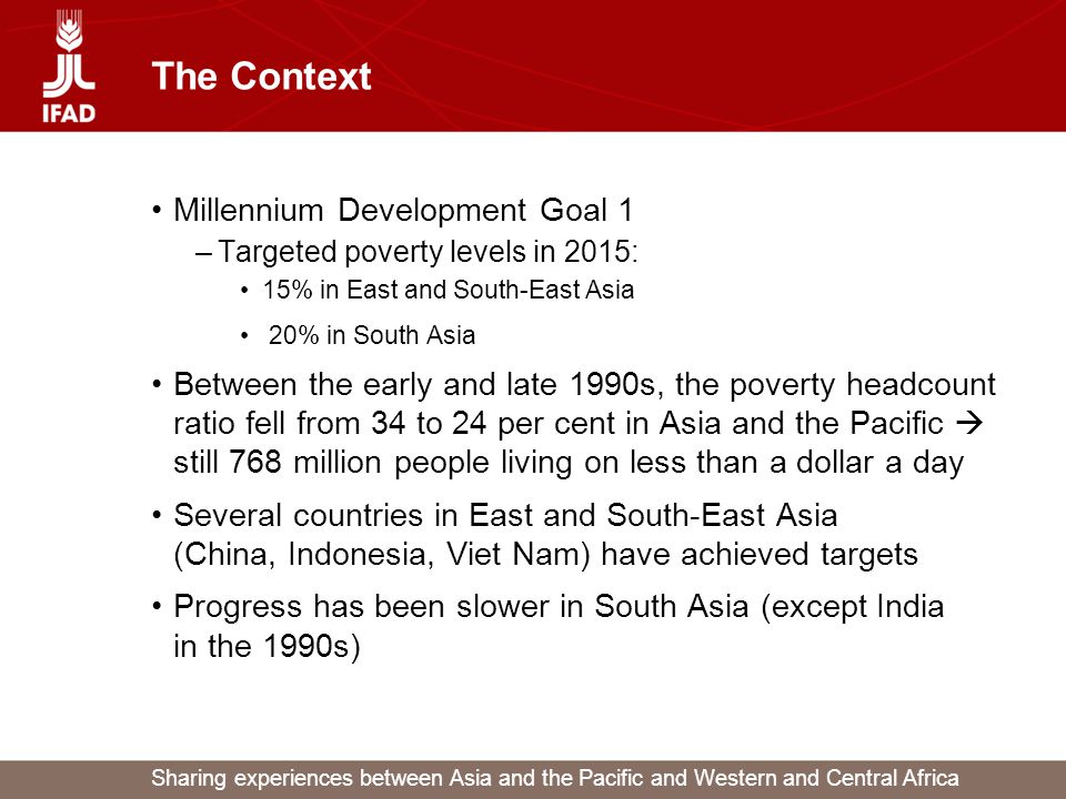 Sharing experiences between Asia and the Pacific and Western and Central Africa The Context Millennium Development Goal 1 –Targeted poverty levels in 2015: 15% in East and South-East Asia 20% in South Asia Between the early and late 1990s, the poverty headcount ratio fell from 34 to 24 per cent in Asia and the Pacific  still 768 million people living on less than a dollar a day Several countries in East and South-East Asia (China, Indonesia, Viet Nam) have achieved targets Progress has been slower in South Asia (except India in the 1990s)