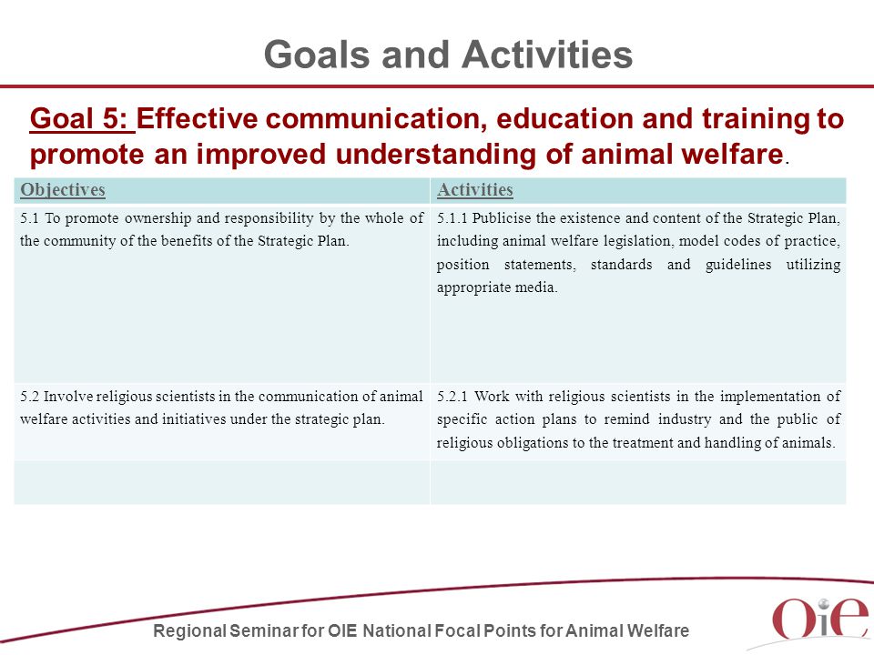 Goals and Activities ObjectivesActivities 5.1 To promote ownership and responsibility by the whole of the community of the benefits of the Strategic Plan.
