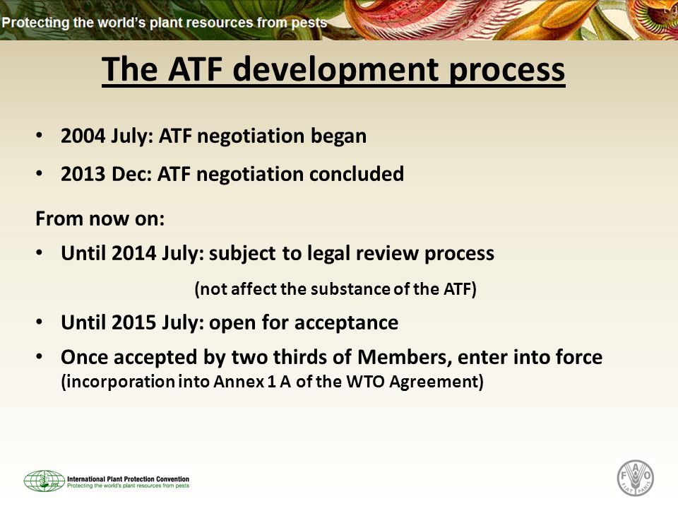 2004 July: ATF negotiation began 2013 Dec: ATF negotiation concluded From now on: Until 2014 July: subject to legal review process (not affect the substance of the ATF) Until 2015 July: open for acceptance Once accepted by two thirds of Members, enter into force (incorporation into Annex 1 A of the WTO Agreement) The ATF development process