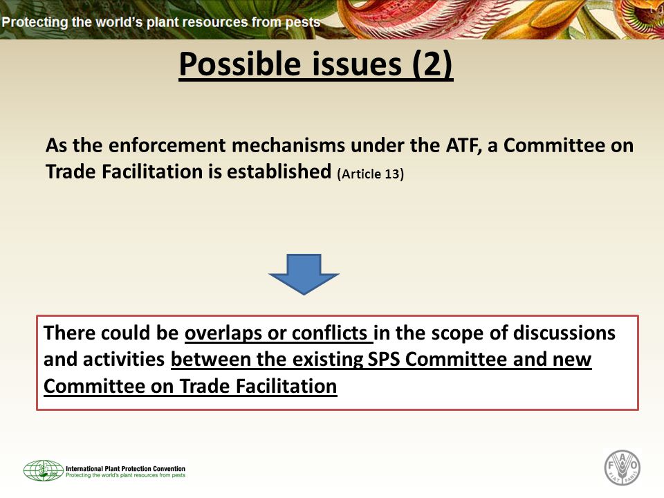 Possible issues (2) As the enforcement mechanisms under the ATF, a Committee on Trade Facilitation is established (Article 13) There could be overlaps or conflicts in the scope of discussions and activities between the existing SPS Committee and new Committee on Trade Facilitation