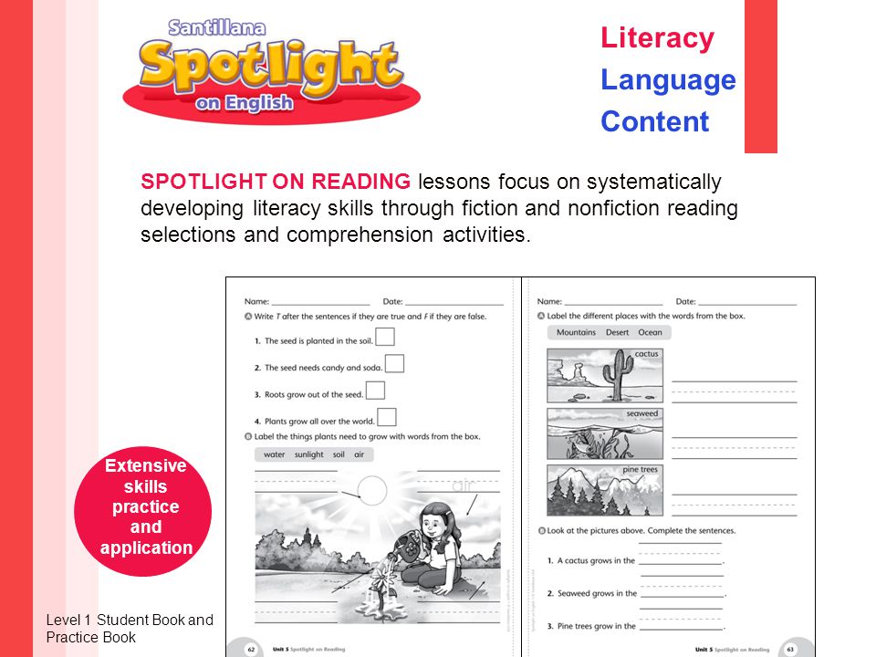 SPOTLIGHT ON READING lessons focus on systematically developing literacy skills through fiction and nonfiction reading selections and comprehension activities.