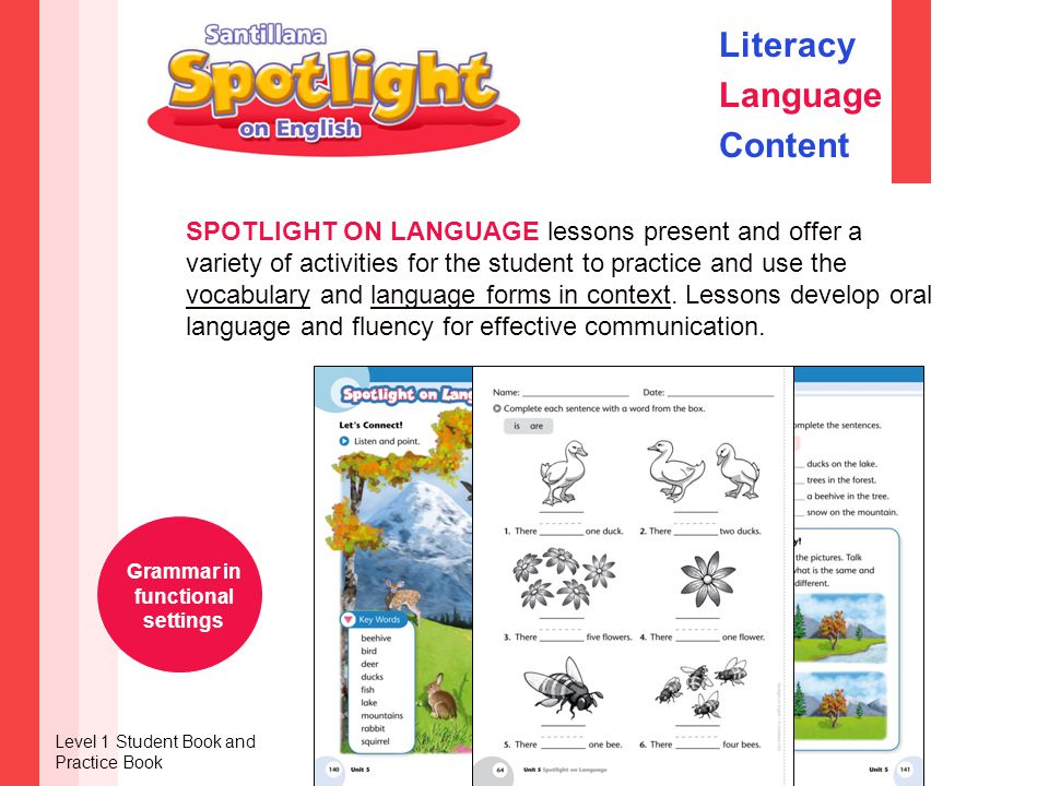 SPOTLIGHT ON LANGUAGE lessons present and offer a variety of activities for the student to practice and use the vocabulary and language forms in context.
