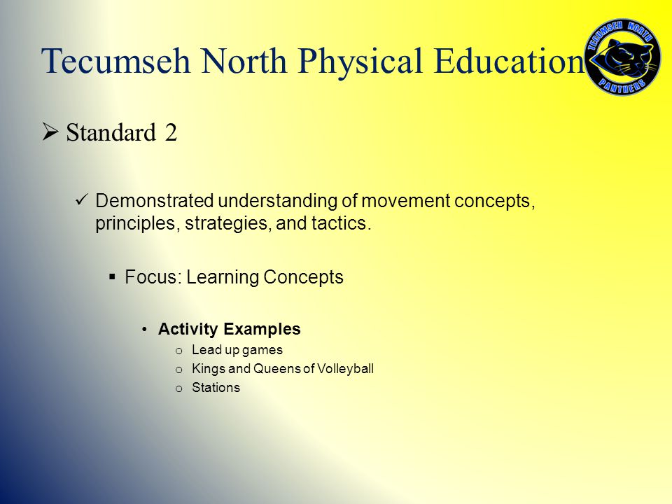  Standard 2 Demonstrated understanding of movement concepts, principles, strategies, and tactics.