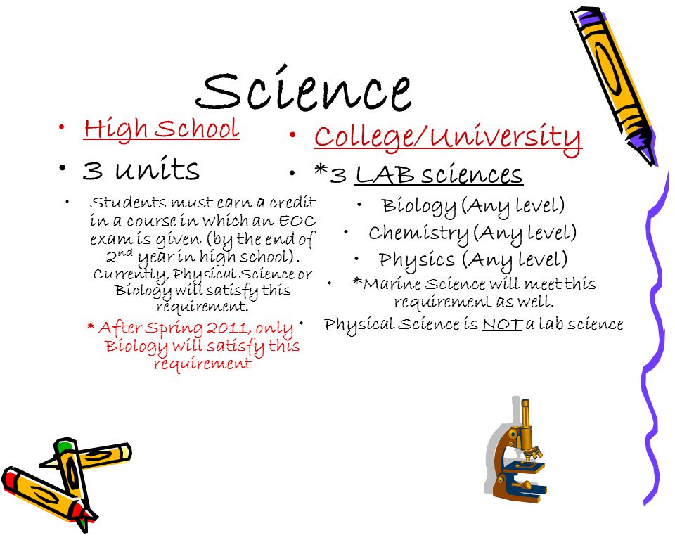 Science High School 3 units Students must earn a credit in a course in which an EOC exam is given (by the end of 2 nd year in high school).