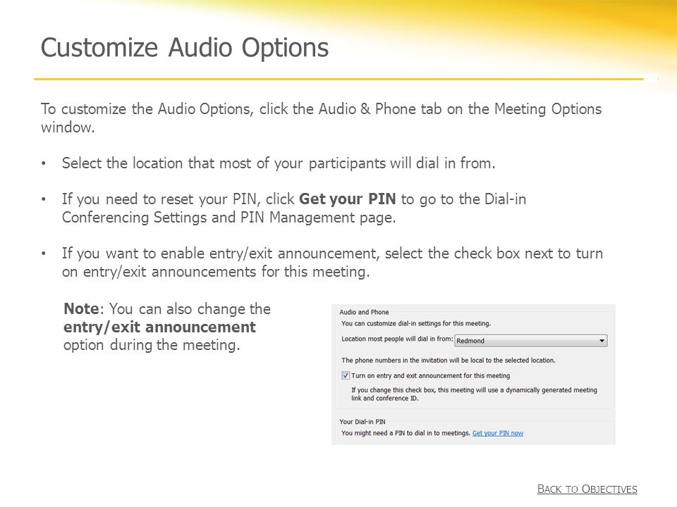 Customize Audio Options To customize the Audio Options, click the Audio & Phone tab on the Meeting Options window.