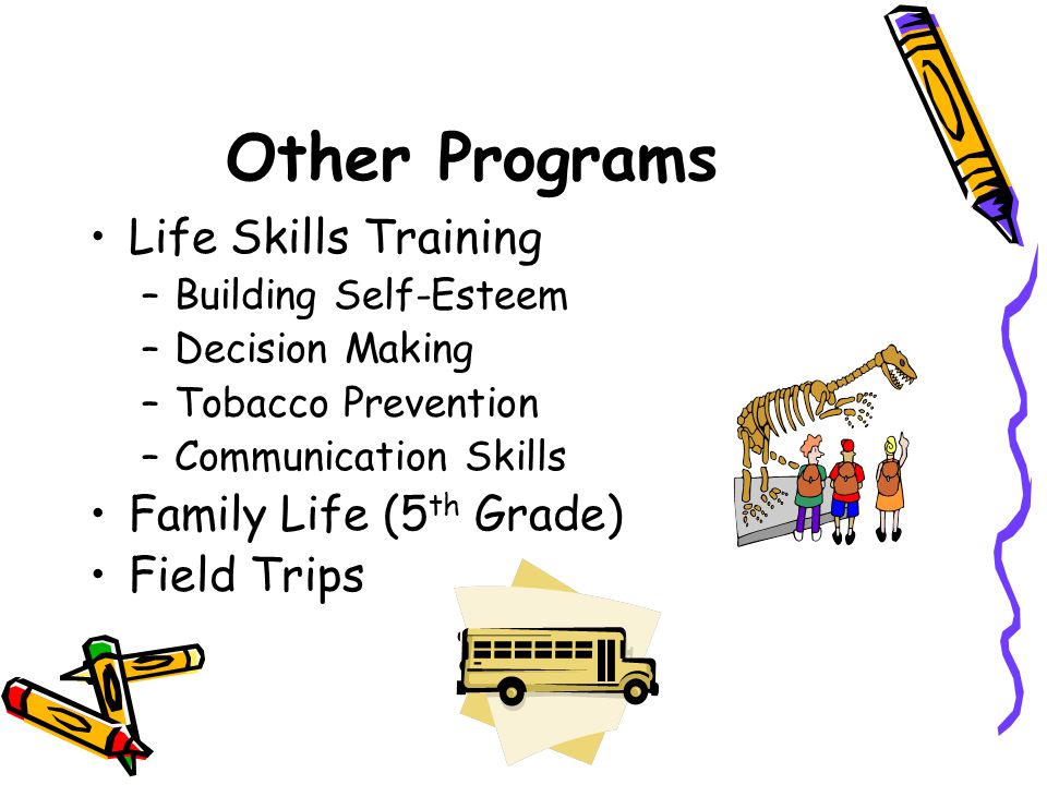 Other Programs Life Skills Training –Building Self-Esteem –Decision Making –Tobacco Prevention –Communication Skills Family Life (5 th Grade) Field Trips