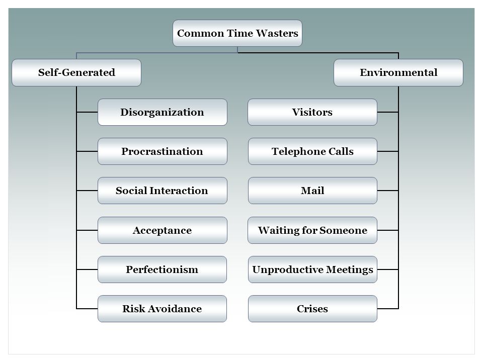 Common Time Wasters Self-Generated Disorganization Procrastination Social Interaction Acceptance Perfectionism Risk Avoidance Environmental Visitors Telephone Calls Mail Waiting for Someone Unproductive Meetings Crises Time Management and Organization Skills for School Improvement Support Liaisons
