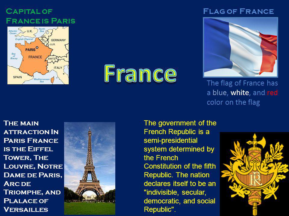 Capital of France is Paris Flag of France The flag of France has a blue, white, and red color on the flag The main attraction In Paris France is the Eiffel Tower, The Louvre, Notre Dame de Paris, Arc de Triomphe, and Plalace of Versailles The government of the French Republic is a semi-presidential system determined by the French Constitution of the fifth Republic.