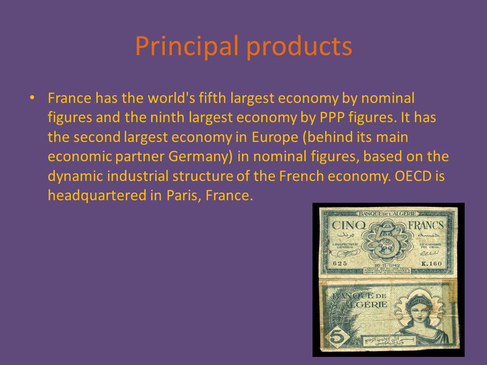 Principal products France has the world s fifth largest economy by nominal figures and the ninth largest economy by PPP figures.