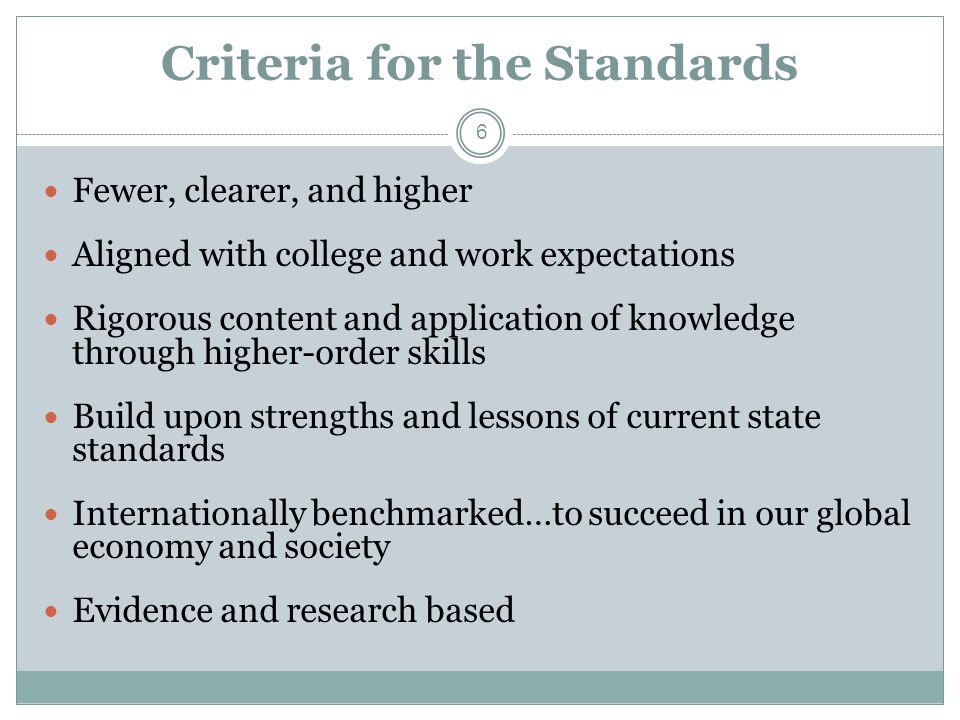 Criteria for the Standards Fewer, clearer, and higher Aligned with college and work expectations Rigorous content and application of knowledge through higher-order skills Build upon strengths and lessons of current state standards Internationally benchmarked…to succeed in our global economy and society Evidence and research based 6