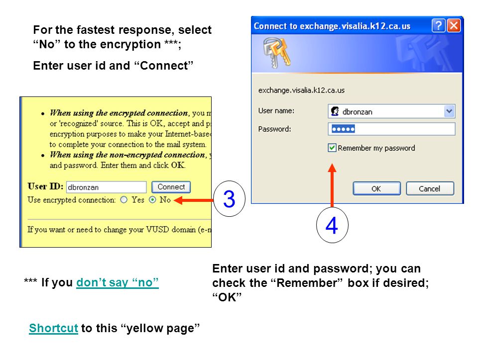 4 Enter user id and password; you can check the Remember box if desired; OK 3 For the fastest response, select No to the encryption ***; Enter user id and Connect *** If you don’t say no don’t say no ShortcutShortcut to this yellow page