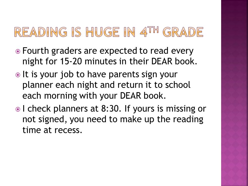  Fourth graders are expected to read every night for minutes in their DEAR book.