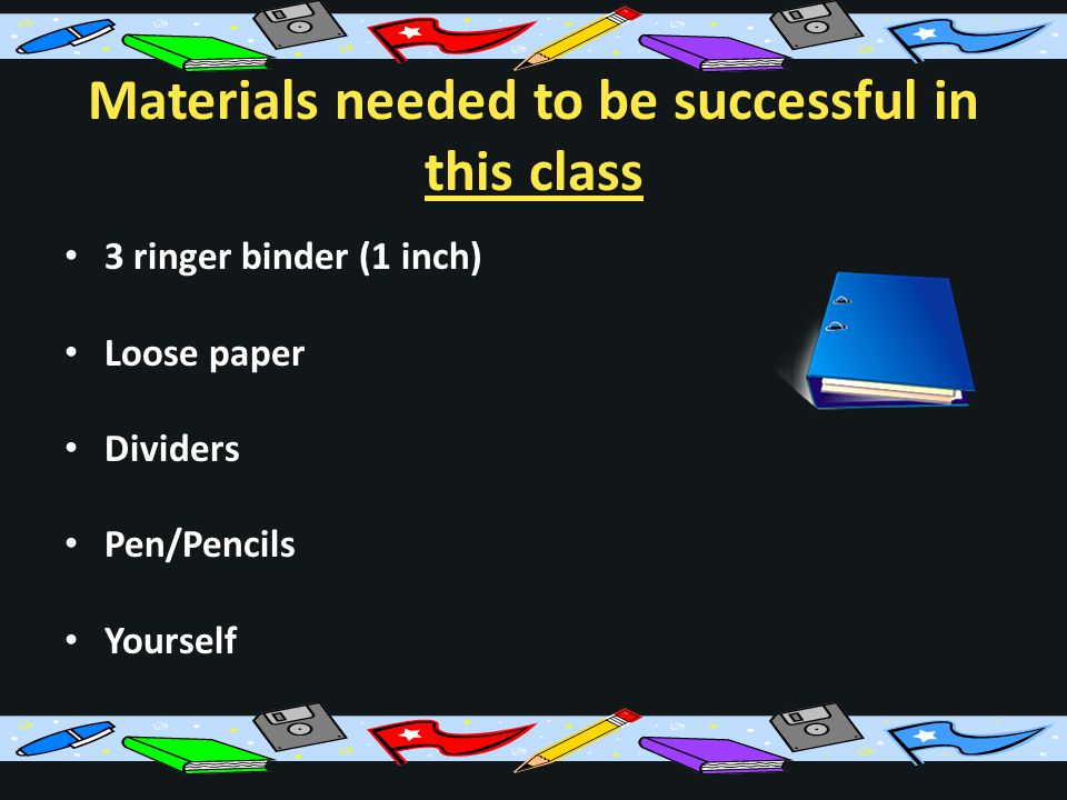 Materials needed to be successful in this class 3 ringer binder (1 inch) Loose paper Dividers Pen/Pencils Yourself