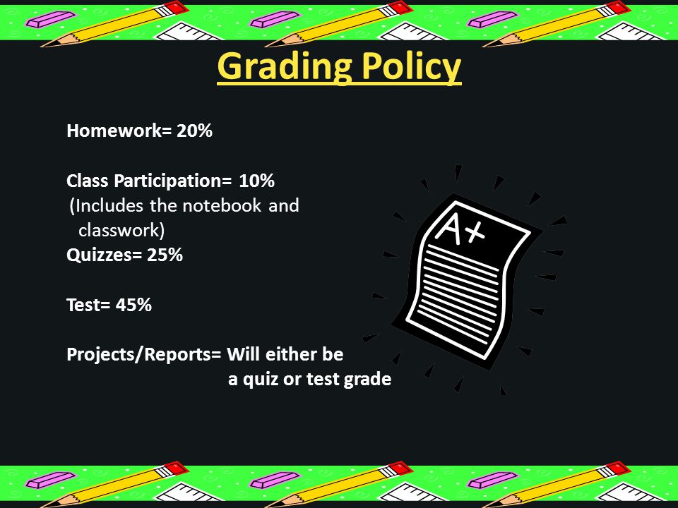 Grading Policy Homework= 20% Class Participation= 10% (Includes the notebook and classwork) Quizzes= 25% Test= 45% Projects/Reports= Will either be a quiz or test grade