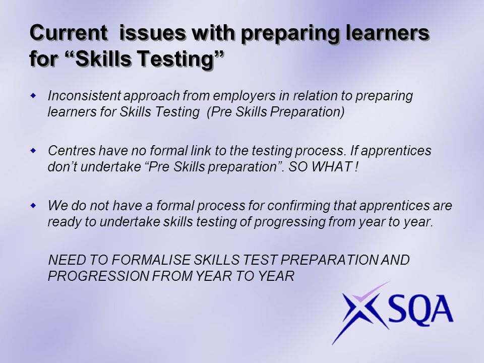 Current issues with preparing learners for Skills Testing  Inconsistent approach from employers in relation to preparing learners for Skills Testing (Pre Skills Preparation)  Centres have no formal link to the testing process.