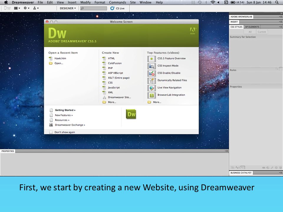 First, we start by creating a new Website, using Dreamweaver