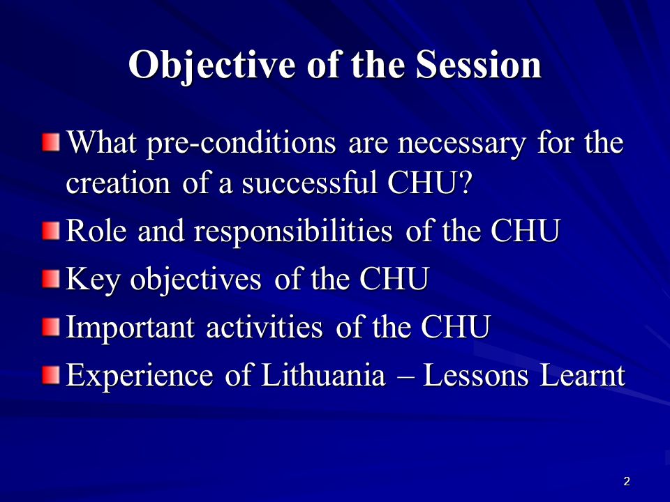 Objective of the Session What pre-conditions are necessary for the creation of a successful CHU.