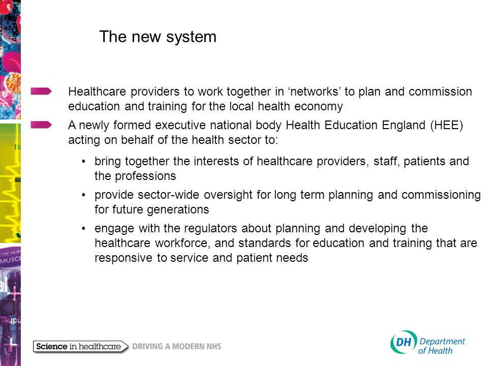 The new system Healthcare providers to work together in ‘networks’ to plan and commission education and training for the local health economy A newly formed executive national body Health Education England (HEE) acting on behalf of the health sector to: bring together the interests of healthcare providers, staff, patients and the professions provide sector-wide oversight for long term planning and commissioning for future generations engage with the regulators about planning and developing the healthcare workforce, and standards for education and training that are responsive to service and patient needs