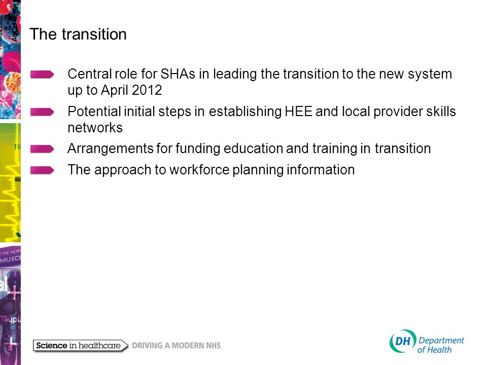 The transition Central role for SHAs in leading the transition to the new system up to April 2012 Potential initial steps in establishing HEE and local provider skills networks Arrangements for funding education and training in transition The approach to workforce planning information
