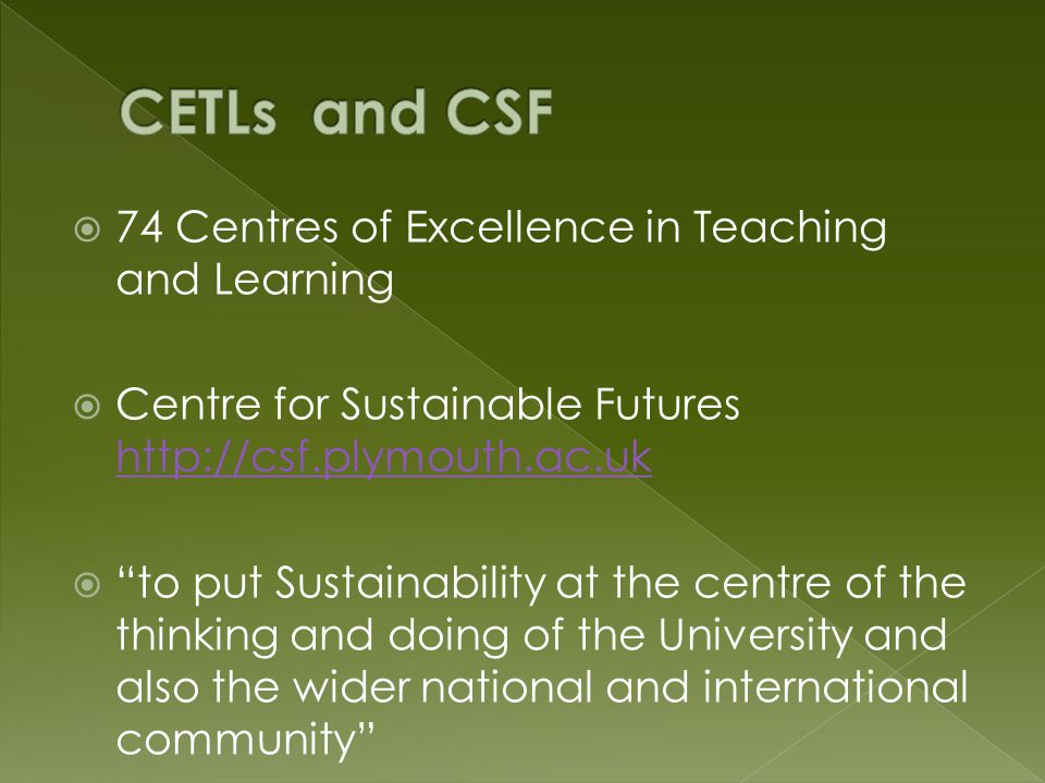  74 Centres of Excellence in Teaching and Learning  Centre for Sustainable Futures      to put Sustainability at the centre of the thinking and doing of the University and also the wider national and international community