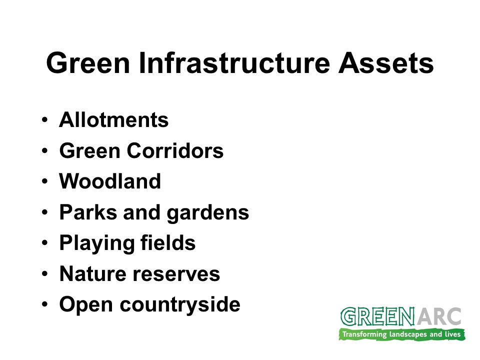 Green Infrastructure Assets Allotments Green Corridors Woodland Parks and gardens Playing fields Nature reserves Open countryside