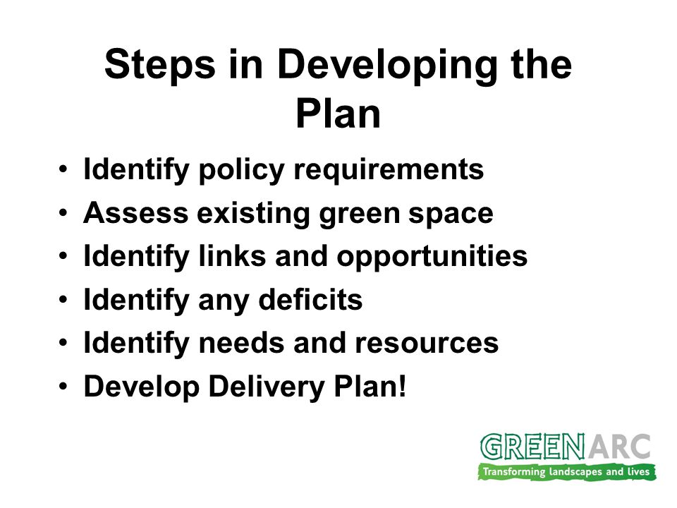 Steps in Developing the Plan Identify policy requirements Assess existing green space Identify links and opportunities Identify any deficits Identify needs and resources Develop Delivery Plan!