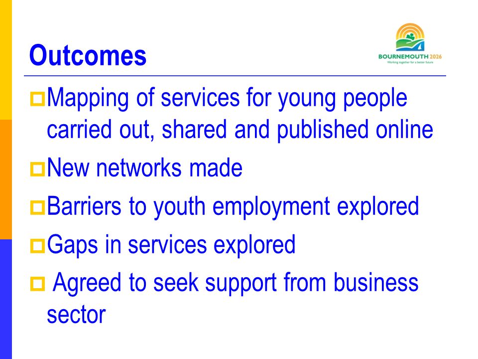 Outcomes  Mapping of services for young people carried out, shared and published online  New networks made  Barriers to youth employment explored  Gaps in services explored  Agreed to seek support from business sector