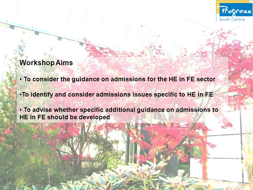 Workshop Aims To consider the guidance on admissions for the HE in FE sector To identify and consider admissions issues specific to HE in FE To advise whether specific additional guidance on admissions to HE in FE should be developed