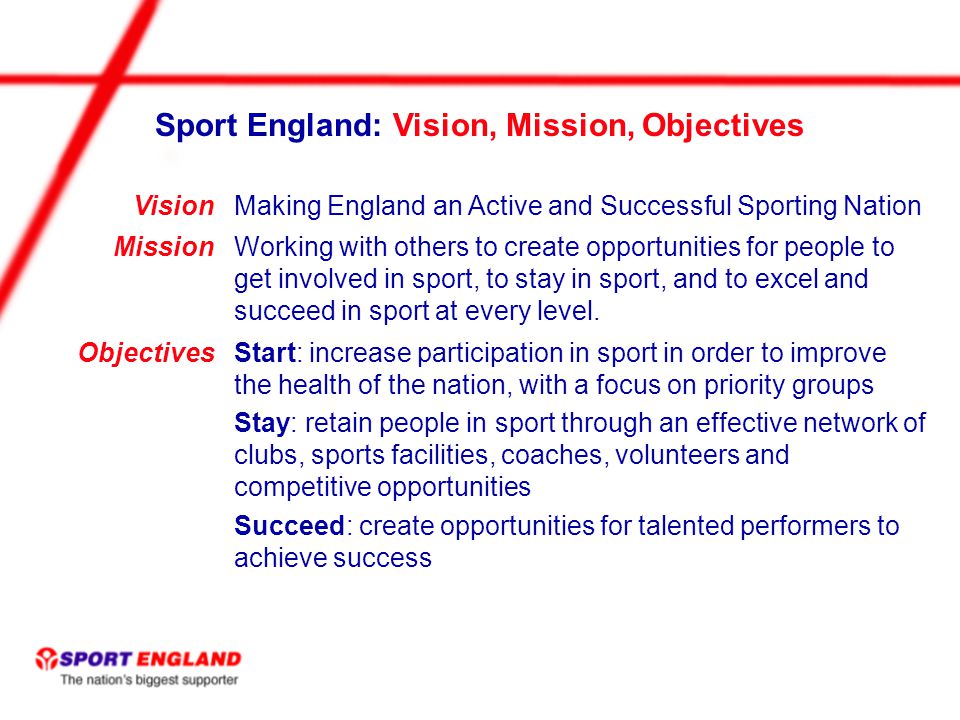 VisionMaking England an Active and Successful Sporting Nation MissionWorking with others to create opportunities for people to get involved in sport, to stay in sport, and to excel and succeed in sport at every level.