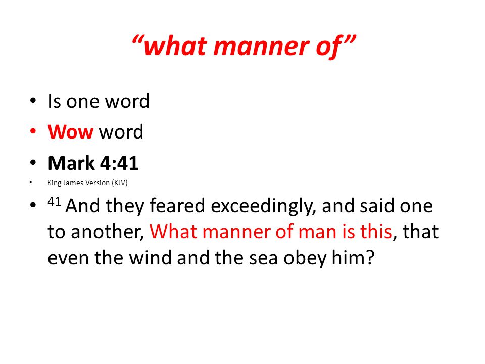what manner of Is one word Wow word Mark 4:41 King James Version (KJV) 41 And they feared exceedingly, and said one to another, What manner of man is this, that even the wind and the sea obey him