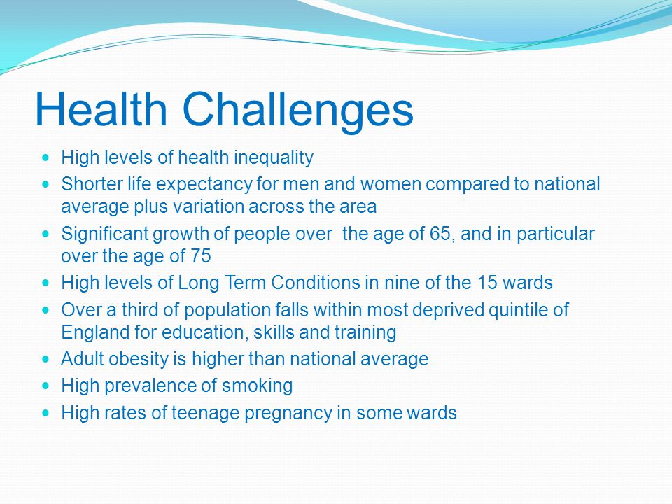 Health Challenges High levels of health inequality Shorter life expectancy for men and women compared to national average plus variation across the area Significant growth of people over the age of 65, and in particular over the age of 75 High levels of Long Term Conditions in nine of the 15 wards Over a third of population falls within most deprived quintile of England for education, skills and training Adult obesity is higher than national average High prevalence of smoking High rates of teenage pregnancy in some wards