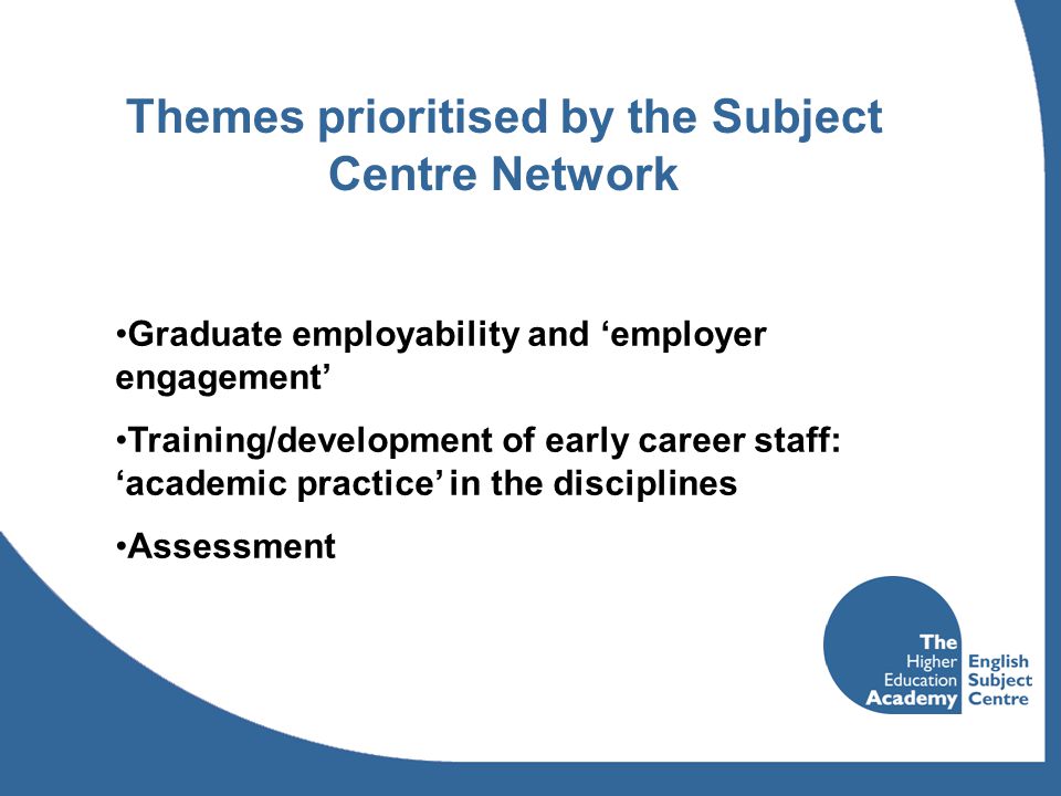 Themes prioritised by the Subject Centre Network Graduate employability and ‘employer engagement’ Training/development of early career staff: ‘academic practice’ in the disciplines Assessment